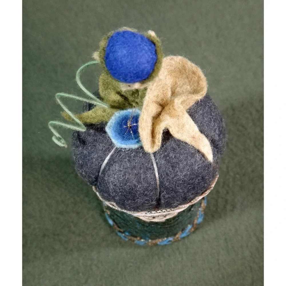 UNUSUAL felt tapestry fabric floral pin cushion HANDCRAFTED